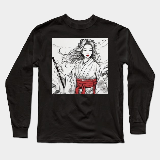 PAINTING  JAPANESE GIRL BLACK AND WHITE Long Sleeve T-Shirt by nonagobich